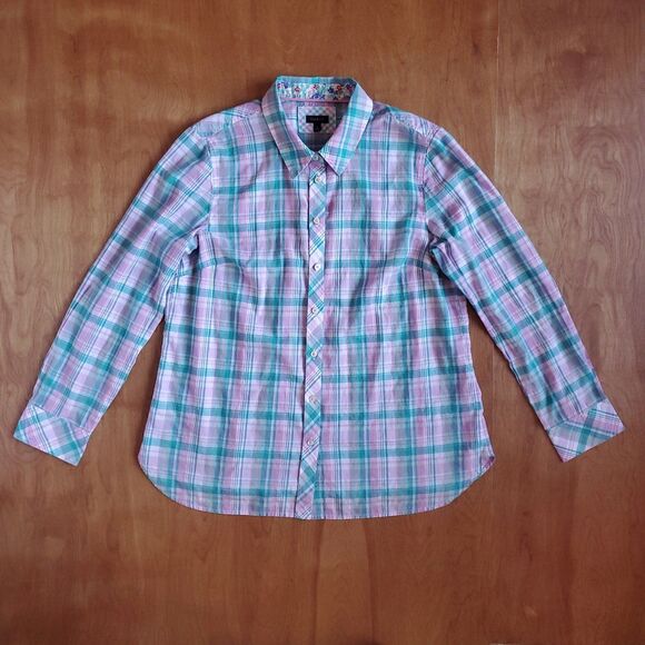 Talbots Long Sleeve Button Up Shirt L Plaid Pink Teal Collar Cotton Lightweight - Picture 5 of 9